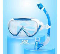 Kids Snorkel Set Panoramic Snorkel Mask, Anti-Fog Youth Scuba Diving Mask Anti-Leak Dry Top Snorkel, Tempered Glass Child Swim Mask Professional Snorkeling Gear for Snorkeling, Swimming (Blue Set)