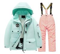 Kids Snowsuit Set Winter Puffer Jacket and Snow Bib Pants Girls and Boys Ski Suits 2 Piece Snowproof Ski Outfit Front Pockets Fleece Lined Skiwear Integrated Snowskirt Best for Winter Snowboarding