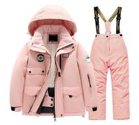 Kids Snowsuit Set Winter Puffer Jacket and Snow Bib Pants Girls and Boys Ski Suits 2 Piece Snowproof Ski Outfit Front Pockets Fleece Lined Skiwear Integrated Snowskirt Best for Winter Snowboarding