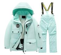 Kids Snowsuit Set Winter Puffer Jacket and Snow Bib Pants Girls and Boys Ski Suits 2 Piece Snowproof Ski Outfit Front Pockets Fleece Lined Skiwear Integrated Snowskirt Best for Winter Snowboarding