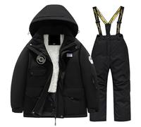 Kids Snowsuit Set Winter Puffer Jacket and Snow Bib Pants Girls and Boys Ski Suits 2 Piece Snowproof Ski Outfit Front Pockets Fleece Lined Skiwear Integrated Snowskirt Best for Winter Snowboarding