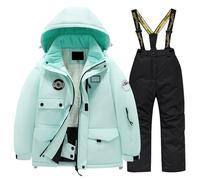 Kids Snowsuit Set Winter Puffer Jacket and Snow Bib Pants Girls and Boys Ski Suits 2 Piece Snowproof Ski Outfit Front Pockets Fleece Lined Skiwear Integrated Snowskirt Best for Winter Snowboarding