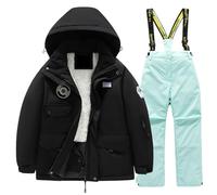 Kids Snowsuit Set Winter Puffer Jacket and Snow Bib Pants Girls and Boys Ski Suits 2 Piece Snowproof Ski Outfit Front Pockets Fleece Lined Skiwear Integrated Snowskirt Best for Winter Snowboarding