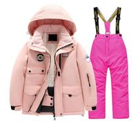 Kids Snowsuit Set Winter Puffer Jacket and Snow Bib Pants Girls and Boys Ski Suits 2 Piece Snowproof Ski Outfit Front Pockets Fleece Lined Skiwear Integrated Snowskirt Best for Winter Snowboarding