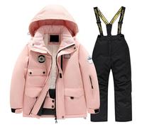 Kids Snowsuit Set Winter Puffer Jacket and Snow Bib Pants Girls and Boys Ski Suits 2 Piece Snowproof Ski Outfit Front Pockets Fleece Lined Skiwear Integrated Snowskirt Best for Winter Snowboarding