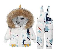 Kids Snowsuit Winter 2-Piece Outfit Set, Toddler Hooded Down Jacket and Snow Bib Pants Dinosaur Cartoon Skisuit Set White 18-24 Months