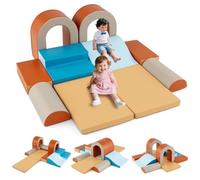 Kids Soft Play Set, 10 Pieces Baby Foam Climbing Blocks with PU Leather, Indoor Climb and Crawl Toddlers Activity Toys for Gym Playground (Brown)