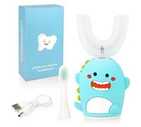Kids Sonic Electric Toothbrush U Shaped Automatic Timer IPX7 Waterproof 5 Modes 360° Oral Cleaning Teeth Whitening Gums Massage Replaceable Soft Cartoon for 7-15 (Blue Dinosaur)