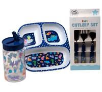 Kids Space & Dinosaur Dinnerware Set - Divided Plate Cup and Metal Cutlery Set