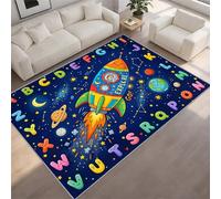 Kids Space Rocket Area Rug 60 x 90 cm, ABC Alphabet Learning Carpet for Boys Girls Playroom, Nursery Bedroom Decor Non Slip, Washable Large Floor Play Mat with Astronauts, Planets Stars (Navy Blue)