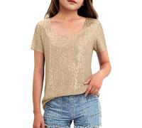 Kids Sparkly Tops Sequin Shiny Tshirts Short Sleeves Scoop Neck T-Shirts Soft Breathable Tops Spring Summer Kids' Casual Party Gatherings 12 Years Gold
