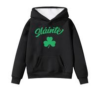 Kids St Patricks Day Print Hooded Sweatshirt Cute Fleece Pullover Long Sleeve Soft Jumper Top for School Holiday Shamrock Cosy Casual Wear (Black, 5-6 Years)
