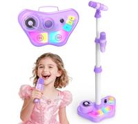 Kids Stand Rechargeable Karaoke Machine Toys with 2 Wireless Mic, Chirstmas Microphone Gifts for 3 4 5 6 7 8 Year Old Girls Grandkids, Bluetooth Speaker with LED Lights Birthday Gift for Age 3-8