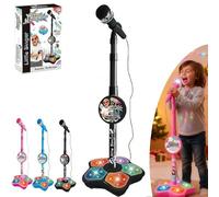 Kids Star Microphone with Stand, All in One Microphone Toy with Music & Light, 2025 New Karaoke Machine Toy with Flashing Stage Light Base, Adjustable Height(Black)