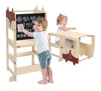 Kids Step Stool, Kitchen Stool, Aid for Toddlers, Wooden Learning Standing Tower with Chalkboard, Foldable Toddler Table and Chair Set, 2 in 1 Helper Standing Tower with Message Boards for 18 Months