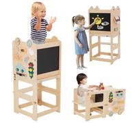 Kids Step Stool, Wooden Learning Tower with Blackboard,Safety Rail and Busy Board,Kitchen Stool Helper for Toddlers,Helper Standing Tower for Kitchen Counter,Bathroom