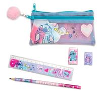 Kids Stitch 5 Piece Pencil Case Stationery Set with Pencil, Ruler, Sharpener and Eraser - Zip Up Stationery Organiser