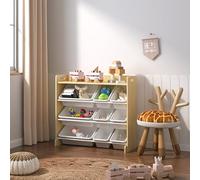 Kids Storage Unit Toy Box Organiser Bookshelf With Removable Baskets, for Bedroom, Nursery, Playroom (Natural Wood/White Bins)