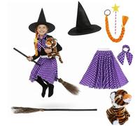 Kids Storybook Witch Costume Set with Broomstick, Witch Hat, Tiger Plush Teddy Polka Dot Skirt, Ginger Plait Hair & Magic Wand for World Book Day and Dress Up Play for Children