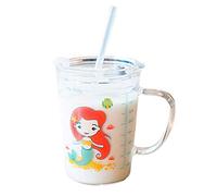 Kids Straw Cup with Lid, 400ml Transparent Glass Learn to Drink Trainer Cup, Lovely Microwave Safe Milk Drinking Mug for Kids Adult (#2)