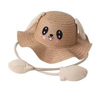 Kids Straw Sun Hat Funny Bucket Hat Wide Brim Summer Sun Protection Hat Children Foldable Beach Cap Cute Fisherman Hat UPF 50 Outdoor Sunblock Hat with Moving Ears for Girls Boys 4-8 Years Old Khaki