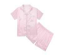 Kids Striped Satin Pyjamas Set Two Piece Girls Plain Short Sleeve Lapel Elastic Shorts Boys Silk Solid Color Sleepwear Casual Soft Loungewear Summer (Pink, 8-9 Years)
