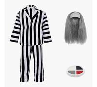 Kids Striped Suit Halloween Costume - Large - Black & White Striped Suit & Shirt Front, Black Tie, Grey Wig, Facepaint - Childs TV Film Halloween Fancy Dress Costume