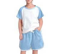 Kids Summer Athletic Clothes Set Girls Boys Short Sleeve Color Block T Shirts with Active Shorts Sport Outfits Toddler Outdoor Indoor Basic Soft Clothes (Sky Blue, 18-24 Months)