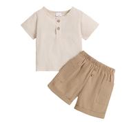 Kids Summer Clothes Set Solid Color Round Neck Polo Shirt and Beach Shorts with Pockets & Elastic Waist, Cotton Linen 2Pcs Outfit for Boys 3M-3Y, Casual Wear Khaki