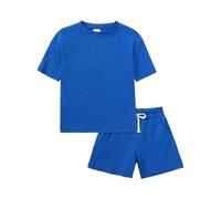 Kids Summer Clothing Sets Short Sleeve T-Shirt Elastic Waist Shorts with Adjustable Drawstring Cute Round Neck T-Shirts Vacation Beach Sport Outfits Solid Plain Pants Set (Blue, 12-13 Years)