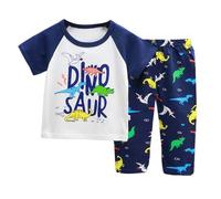 Kid's Summer Homewear Boys Girls Cartoon Printed Short Sleeve T Shirt Long Pants Pajamas Suits Children's Clothing Checked Robes Blue