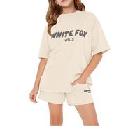 Kids Summer Tracksuit Set UK, 2 Piece Oversized T-Shirt & Jogger Shorts with Letter Print - Comfy Gym Activewear, Casual School Outfits, Breathable Loungewear for Girls and Boys Beige