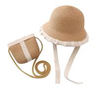 Kids Sun Hat Girls Lace Straw Hat Bucket Cap with Mini Cross Body Straw Bag Summer Beach Straw Hat Outdoor Travel, Khaki