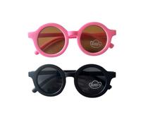 Kids Sunglasses, 2 Pieces Round Retro Style for Boys and Girls and Baby Age 1-8, UV 400 (Neon Pink & Black)