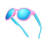 Kids Sunglasses Polarized TPEE Rubber Flexible Frame 100% UV Protection Shades for Boys Girls Age 5-13, A-bright Pink/Blue Frame|blue Revo Lense, Kids