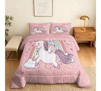 Kids Super King Duvet Coverless, Reversible Design, Girls Cartoon Unicorn Rainbow Comforter & 2 Pillow Cases for Bedroom Decor, 10.5 Tog Ultra Soft Microfibre, All Seasons #a191