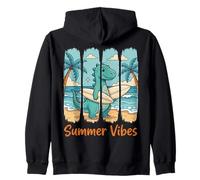 Kids Surfing Dinosaur Summer Vibes Cute Dino Beach Zip Hoodie