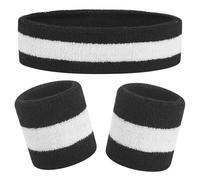 Kids Sweatbands Headband Wristband Set - Athletic Cotton Sweat Band for Sports - Ultimate Sweat-Absorbing 3-piece Set (1 Headband + 2 Wristbands) (Black+White)