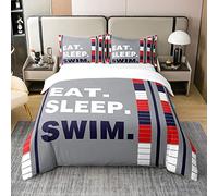Kids Swim Cotton Duvet Cover Set Double Size Water Sports Theme Comforter Cover Set for Boys Girls Teens Swimming Lane Decor Bedding Set Swimming Lover Bedspread Cover Bedroom Quilt Cover 3Pcs