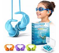 Kids Swim Ear Plugs - 4 Pairs Waterproof Silicone Earplugs for Children 5-14 Years with Detachable Cord, 2 Wearing Styles, Attaches to Goggles, Reusable Ear Protection for Pool, Swimming Lessons