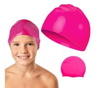 Kids Swimming Cap, Waterproof Girls Swimming Hat for 6-14 Years Three Dimensional Silicone Soft Comfortable Solid for Children Long Hair Curls Dreadlocks Extensions Braids Rose Red