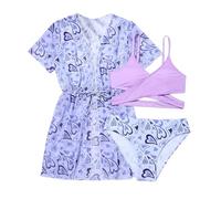 Kids Swimming Costume, Girls 3 Piece Bikini Swimsuit Set With Kimono Coverup Cute Heart Print Bathing Suit For Kids Age 8-14 Years