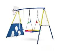 Kids Swing Set with Nest & Classic Swings, Basketball Hoop & Soccer Goal - Robust Chain, 150kg Load Capacity, Metal Frame Garden Swing for Backyard, Outdoor Swing Sets for Kids & Adults, Yellow & Blue