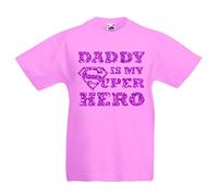 Kids T-Shirt Daddy is My Super Hero Fathers Day Present Girls T Shirt Dad Tshirt Pink Glitter Birthday Gift Age 3-4 to Age 12-13 (Age 7-8, Pink)