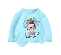 Kids T Shirts Girls Age 2-14 ans Trendy Graphic Long Sleeve Round Neck Tshirts Teenage Girls Summer Spring Casual Athletic Vacation Cute Cartoon Tops (Blue, 4-6 ans)
