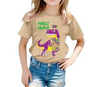 Kids T Shirts Girls Age 3-13 Years Dinosaur Funny Graphic Short Sleeve Crewneck Tshirts Teenage Girls Comfy Summer Casual Jogging Running School Cartoon Tops Blouse (Khaki, 3-4 Years)