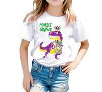 Kids T Shirts Girls Age 3-13 Years Dinosaur Funny Graphic Short Sleeve Crewneck Tshirts Teenage Girls Comfy Summer Casual Jogging Running School Cartoon Tops Blouse (White, 3-4 Years)