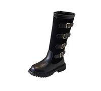 Kids Tall Riding Boots Buckle Straps Canvas Panel Side Zipper Chunky Sole | Warm Winter Boots for Boys Girls Toddler Little Kids Fall Daily Wear School Travel Outdoor