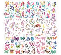 Kids Tattoos for Girls, 15 Sheets Unicorn Mermaid Butterfly Temporary Tattoos Stickers, Glitter Tattoos for Kids Party, Gifts Girls Party Bags Fillers Birthday Decorations