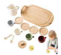 Kids Tea Sets for 3-6 Girls and Boys Simulation Cute Food Grade Tea Party Set Leakproof Developmental Silicone Wooden Set for Role Play Pretend Play